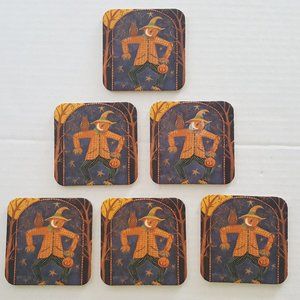 Vintage Autumn Scarecrow Pumpkin Halloween Fall Holiday Coasters Set Of 6